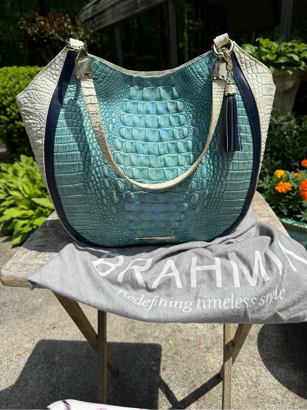 Brahmin White & Turquoise Croc-Embossed Shoulder Bag with Navy Trim